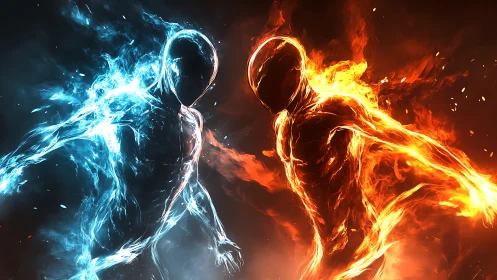 Fiery and icy guardians meet in a glowing elemental dance.
