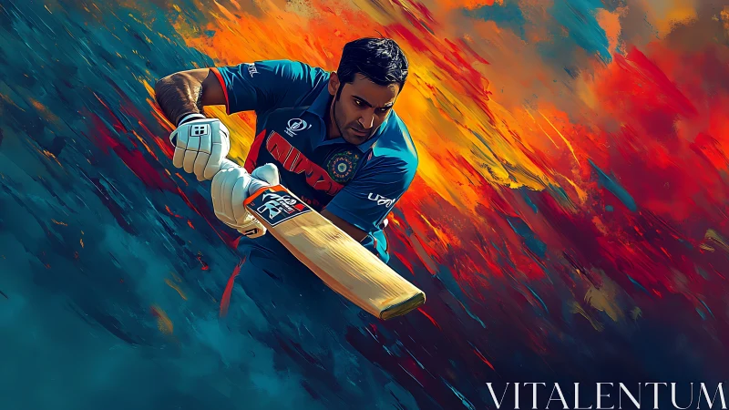 Cricketer driving through a storm of bold sunset color.