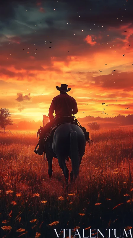 Cowboy riding home beneath a glowing, ember bright sunset sky.