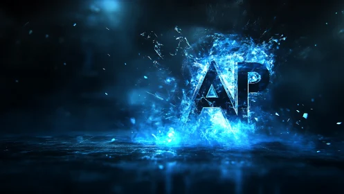 Electric blue AP logo bursts from glowing digital splash.