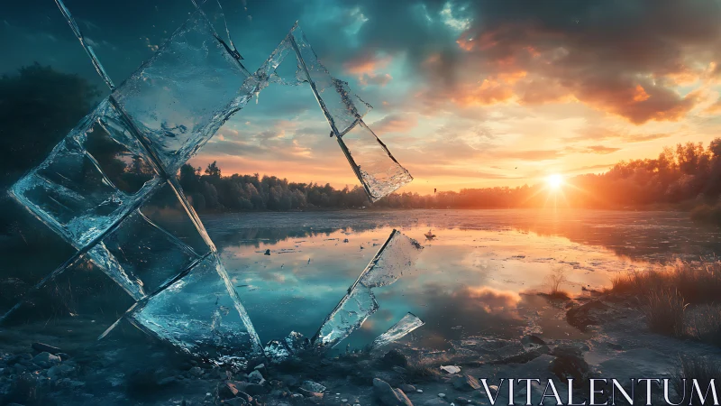 Shattered ice portal over reflective lake at cinematic sunset.