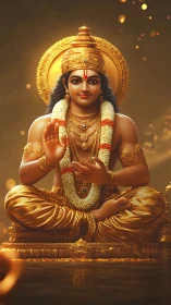 Golden seated Hindu deity statue with blessing gesture.