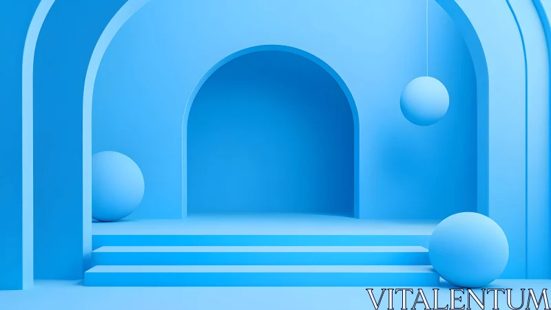 Cool blue archway stage with wandering minimalist spheres.