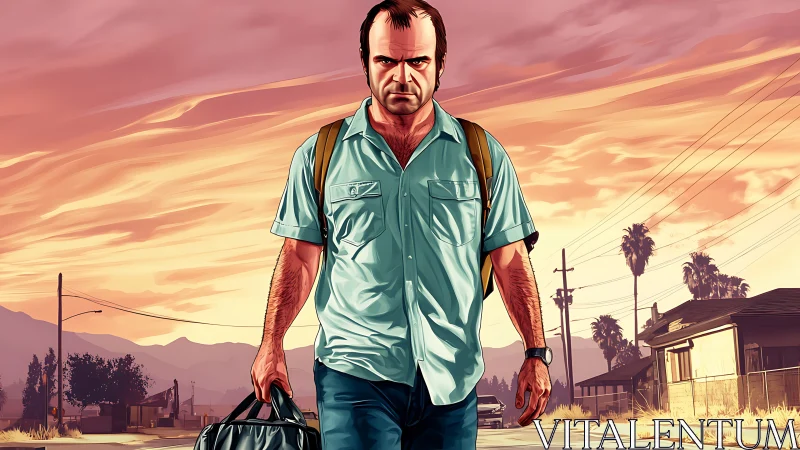 Male figure walking on suburban street at sunset.