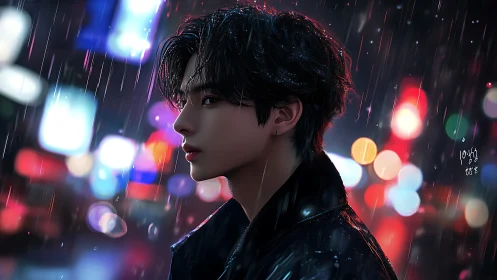 Young person in profile stands in neon city rain at night