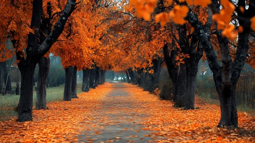 Flaming autumn avenue unfurls a leaf-lit woodland corridor.