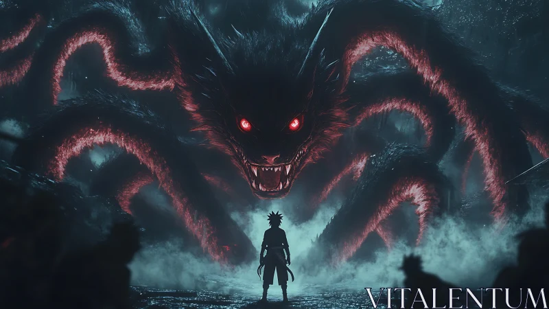 Neon-ocular demon fox confronting lone combatant in misted ravine.