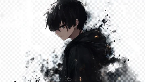 Brooding shadow boy dissolving into glitching twilight storm.