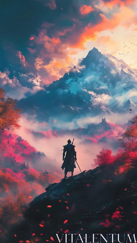 Solitary cloaked warrior surveys misted valley beneath flaming clouds