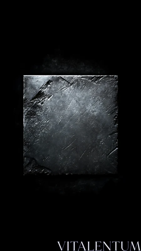 Weathered metal slab emerges from darkness with stark drama