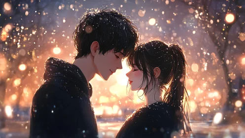 Winter kiss under glowing city lights at dusk snowfall.