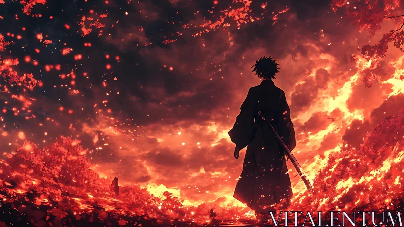 Samurai silhouette surveys incendiary landscape in ember storm