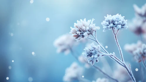 Frost-covered flowers against soft blue winter background.