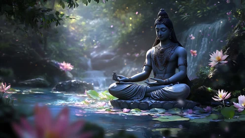 Serene blue deity meditating beside luminous lotus waterfall.