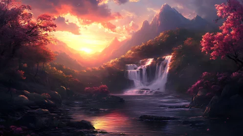 Sunset cascades pour through a tranquil fantasy valley