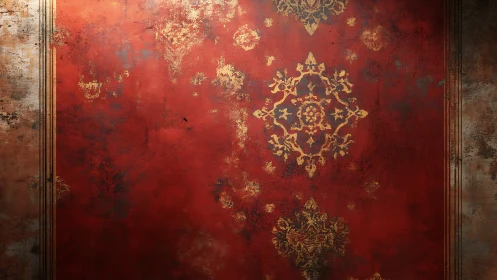 Weathered red wall with golden vintage patterns and charm.