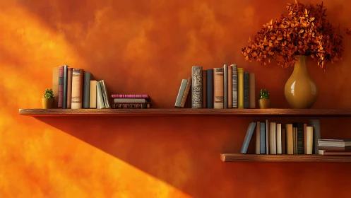 Warm-toned wall shelves stage books and foliage decor precisely