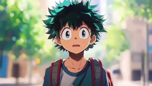 Anime boy with green hair stands outdoors wearing backpack