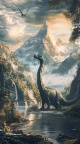 Gentle dinosaur wanders calmly through a misty valley river