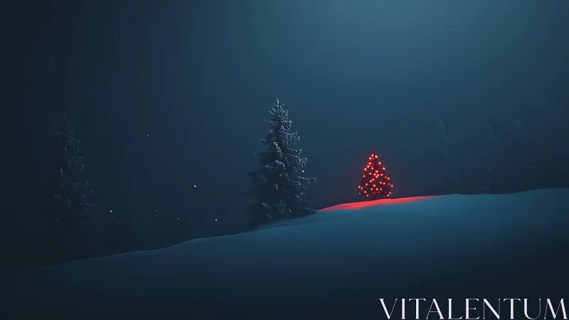 Lone red Christmas tree glowing on snowy winter hill.