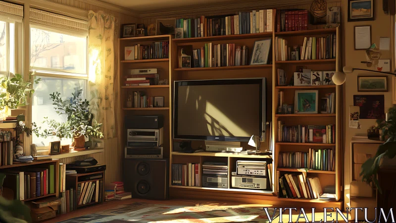Sunlit library lounge with vintage screen and secret stories.