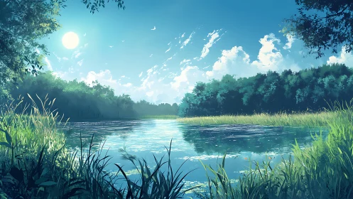 Calm river under bright sky with dense green tree line.