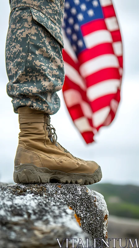 Battle-worn combat boot salutes beside wind-torn flag.
