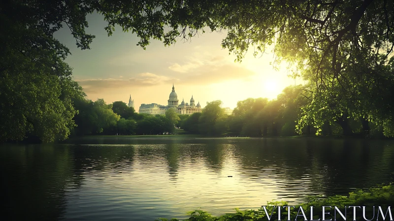 Sunlit urban skyline framed by lacustrine canopy geometry.