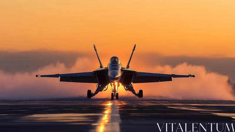 Carrier-based twin‑engine fighter jet launching at sunrise