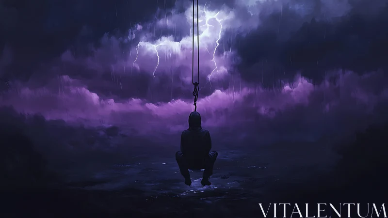 Solitary hooded figure suspended under stormy sky at night.
