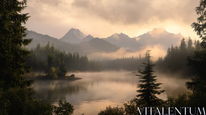 Mist-laden alpine lake at sunrise with conifer forest rimmed