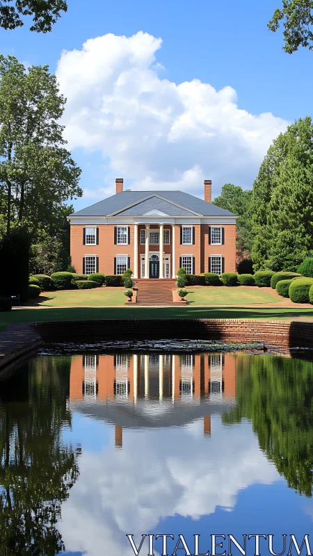 Brick estate house with pond reflection and landscaped lawn.