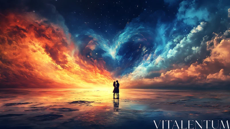 Two figures stand centered on reflective surface beneath dramatic cloud formations.