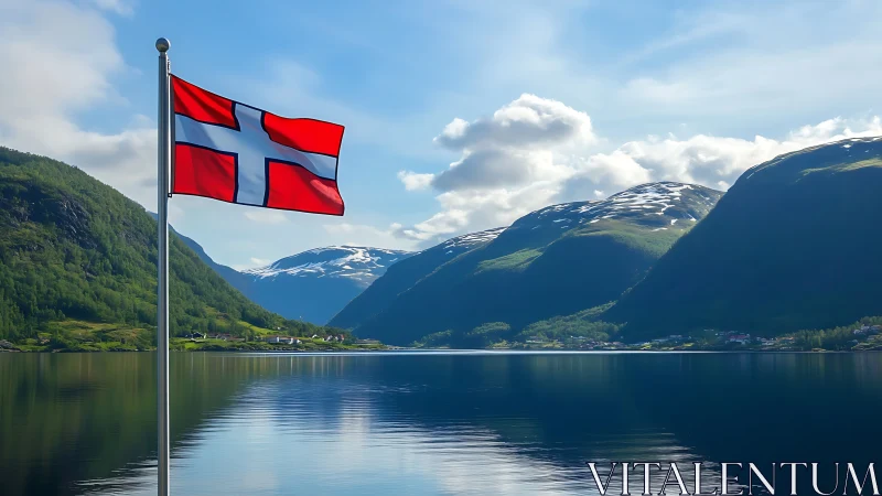 Norwegian flag waves calmly above a glassy fjord landscape