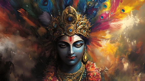 Divine blue figure with jeweled crown and peacock plumes.