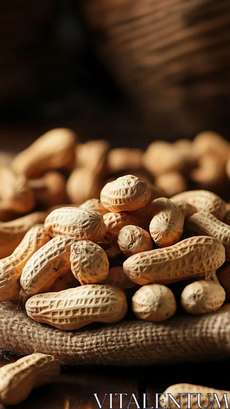 Peanuts in shells on rustic sack with soft warm light.