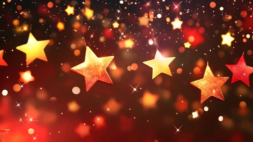 Glowing golden stars suspend over festive red bokeh field