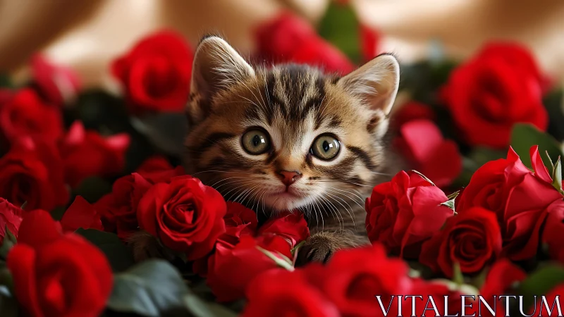 Tabby Kitten Surrounded by Crimson Roses: Romantic Portrait.