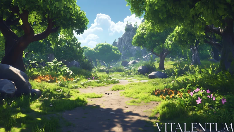 Sunlit Path Winds Through Ancient Forest Canopy