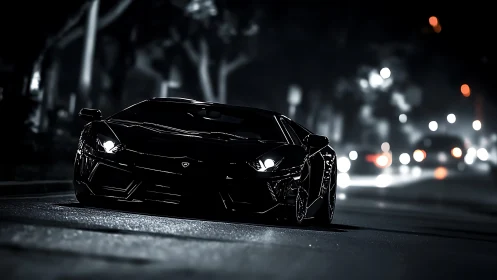 Low-angle view of dark sports car on city street at night.