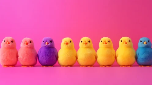 Playful rainbow chicks stand together in bright candy colors