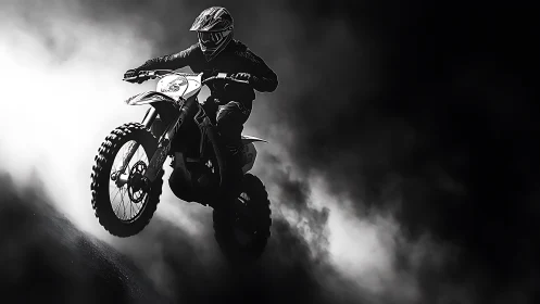 Motocross rider launches through smoky monochrome sky.