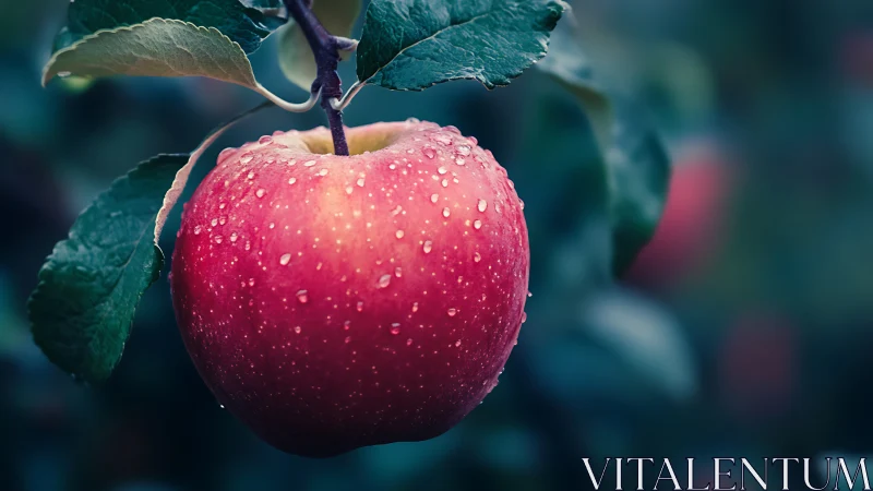 Ripe red apple on branch with water droplets in orchard.