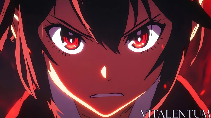 Close anime face shows intense gaze under red lighting