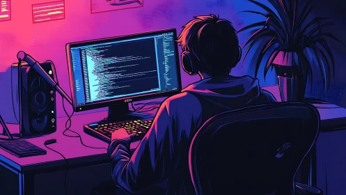 Programmer coding at night in neon lit home workspace.