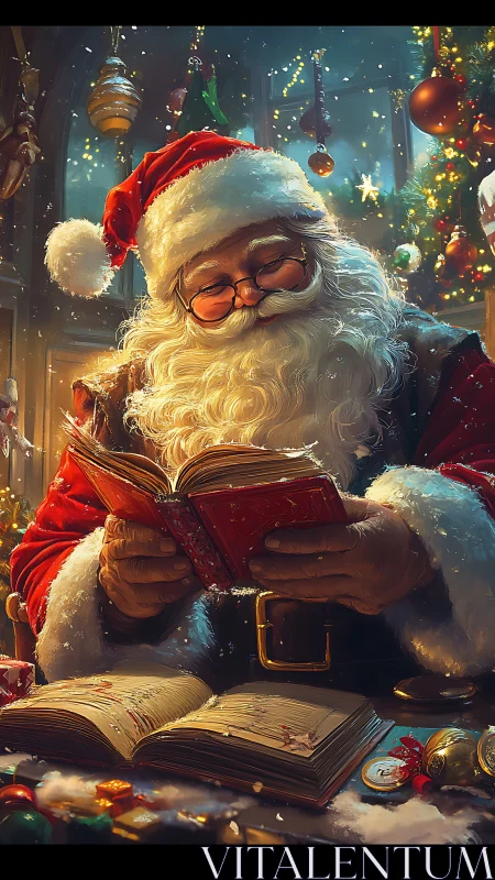 Santa studies midnight wish-lists by twinkling hearthglow.