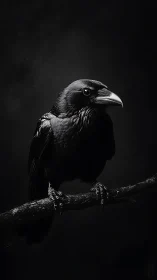 Raven Portrait Against Dark Background in High Contrast Black and White
