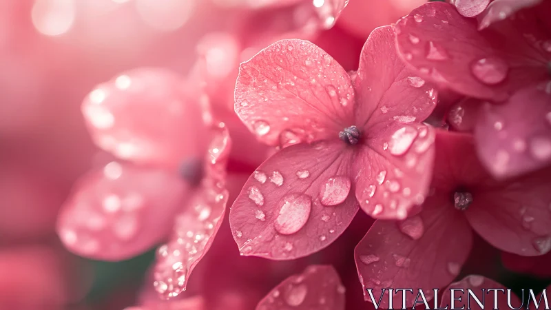 Hydrangea petals with water droplets. Close-up detail.