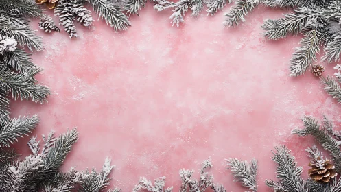 Frosted evergreen branches frame a softly glowing pink scene