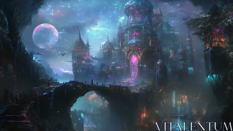 Luminescent astral citadel rises above misted chasm at night